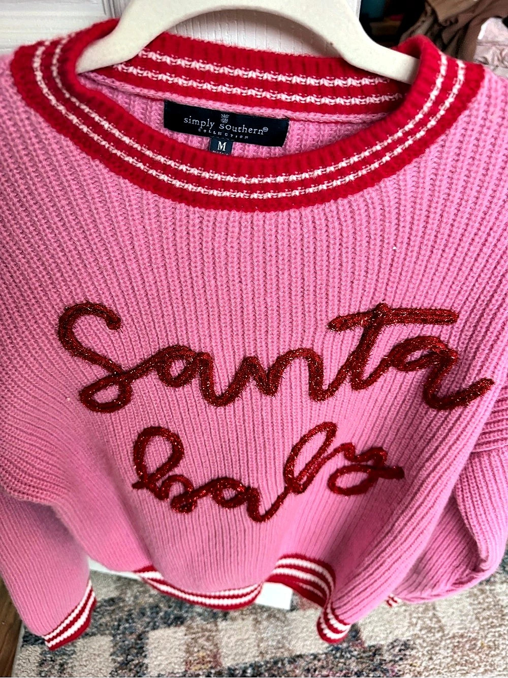 Simply Southern Santa Baby Sweater Pink & Red Medium - Picture 4 of 10